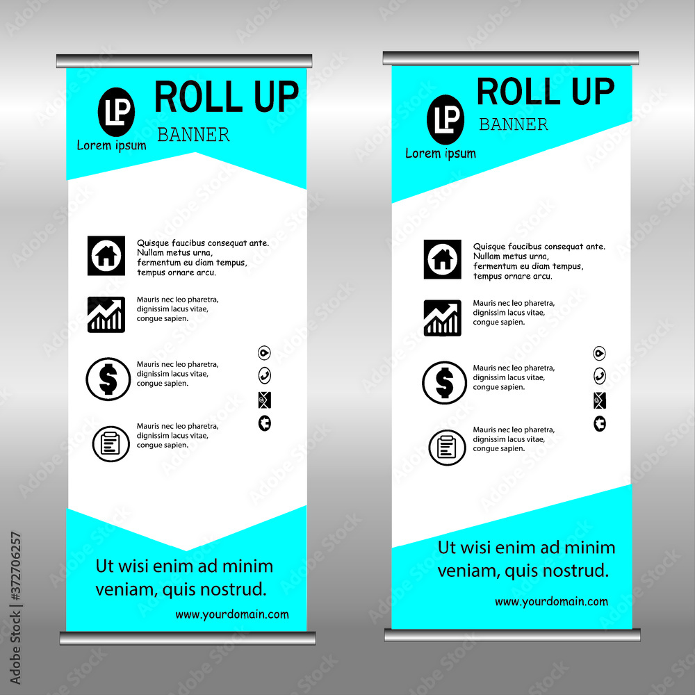 Obraz premium Roll up banner design. Vertical narrow flyer template. Advertising panel layout. Pink vector illustration.