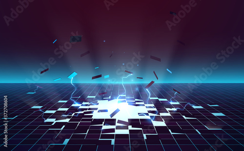Abstract neon background with hole in ground