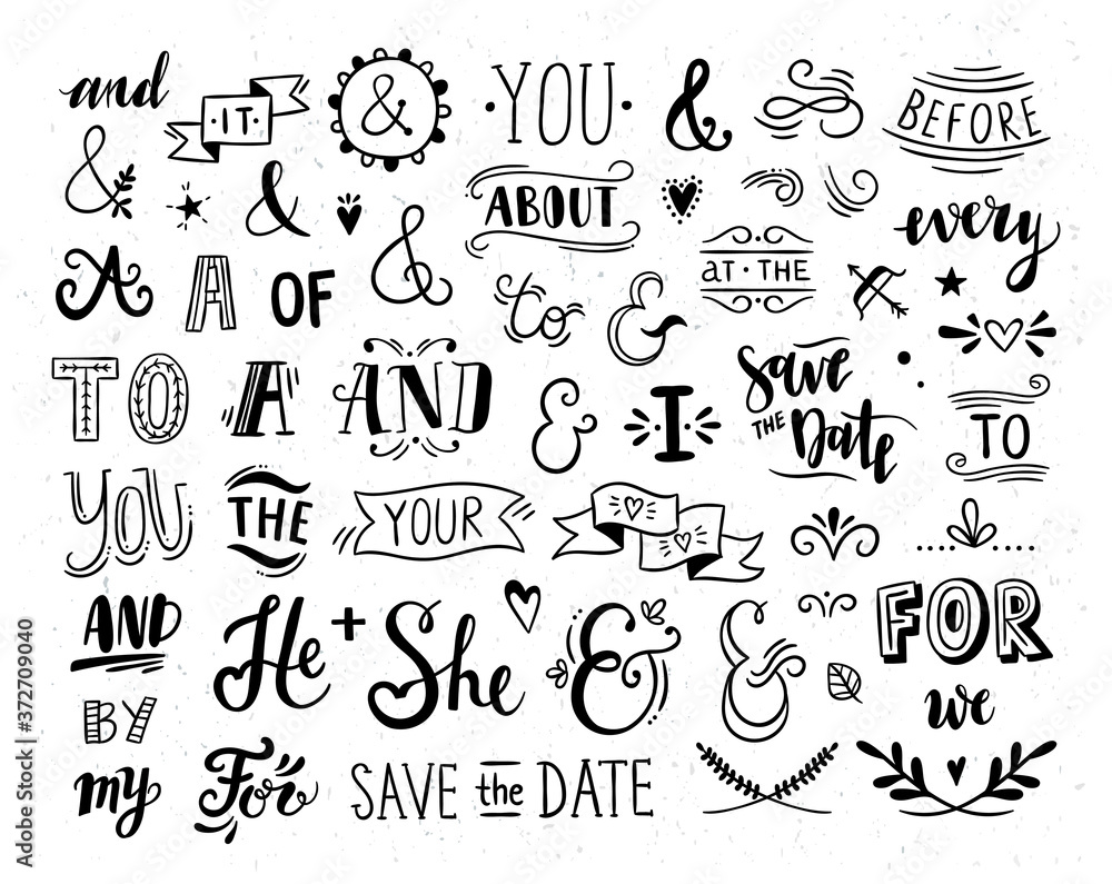 Ampersands and catchwords vector clipart set. Hand drawn calligraphic elements. Beautiful decorative symbols isolated on white background