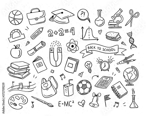 School vector icons. Hand drawn back to school collection. School supplies, science symbols, study theme doodles
