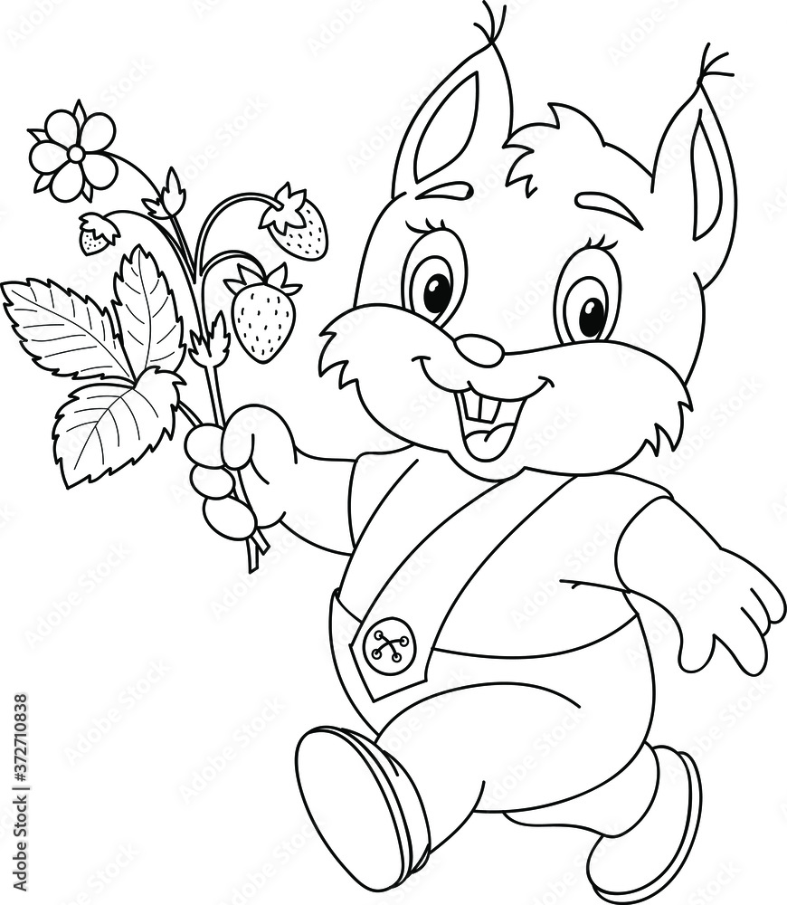 Fototapeta premium Coloring page outline of cartoon smiling cute beautiful fox with flowers and berries. Colorful vector illustration, summer coloring book for kids.