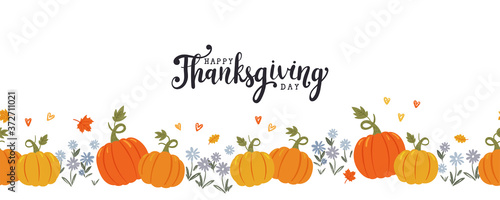 Lovely hand drawn and written Thanks Giving Design, cute pumpkins, leaves and font, great for Thanksgiving banners, wallpapers, cards - vector design