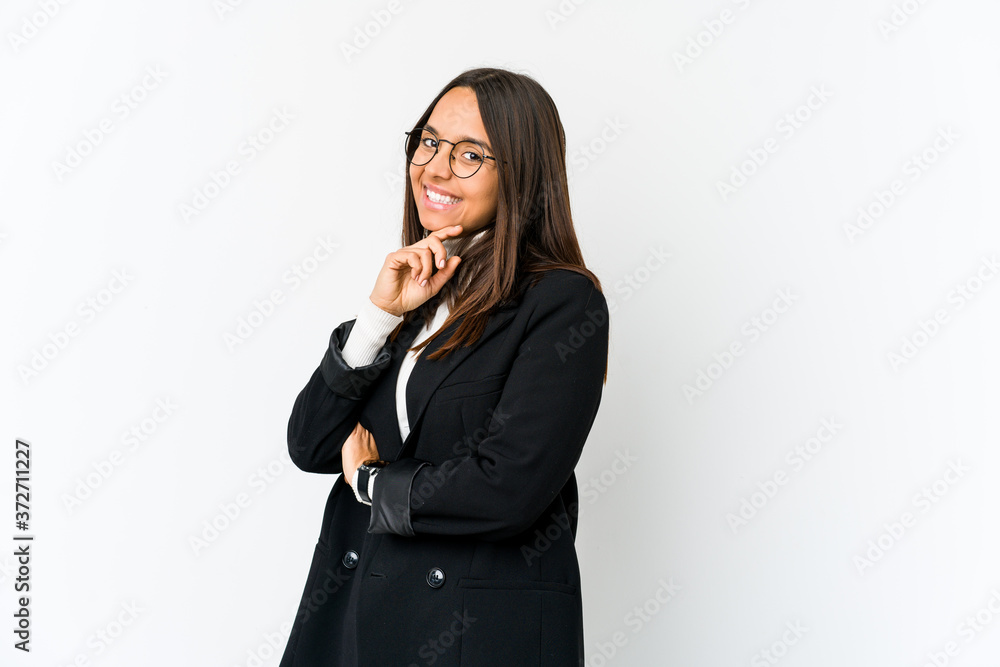 Young mixed race business woman isolated on white background smiling happy and confident, touching chin with hand.