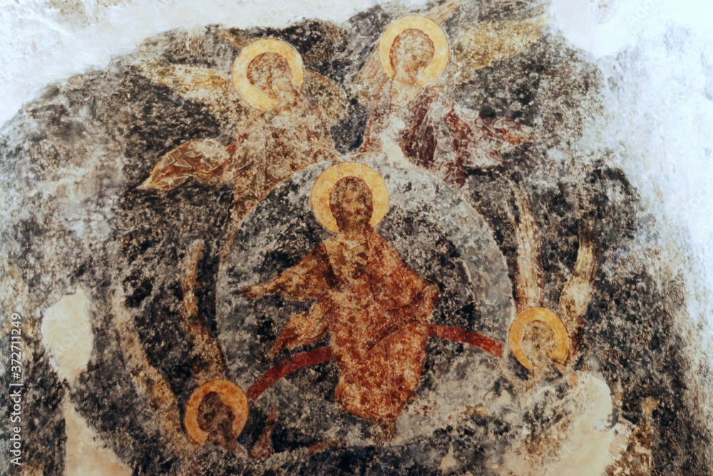 Weathered fresco inside old byzantine church in Laconia region, southern Greece.