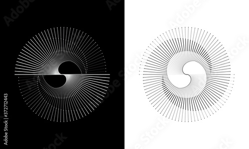 Spiral with gray lines different colors as dynamic abstract vector background or logo or icon. Yin and Yang symbol.