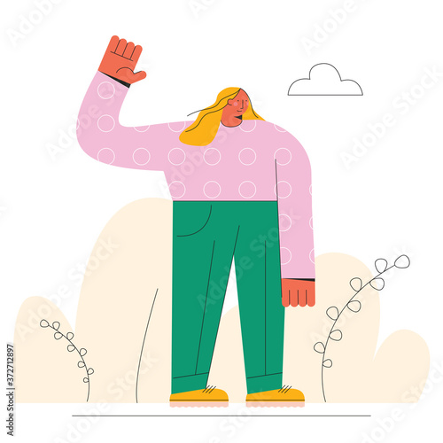 A smiling woman making a welcome gesture on. Creative people collection.