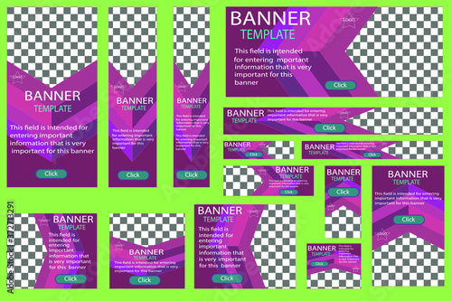 Set of web banners vector, in purple colors with voluminous corners, with a sharp cutout for photos