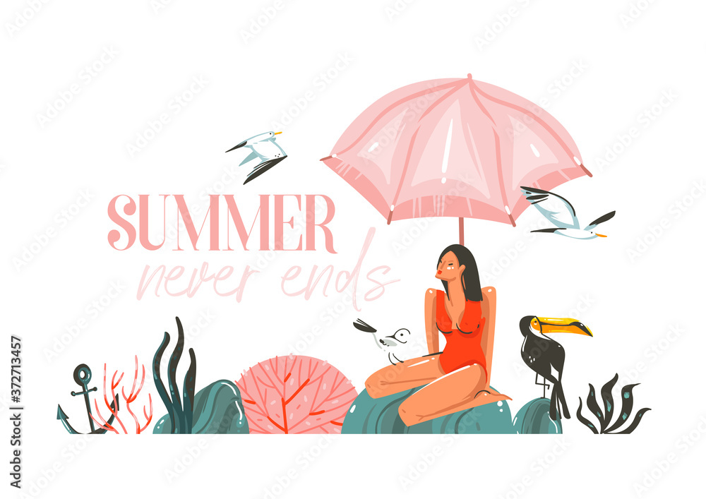Hand drawn vector abstract stock flat graphic illustration with young ,happy beauty woman in swimsuit bikini on the beach scene isolated on white background