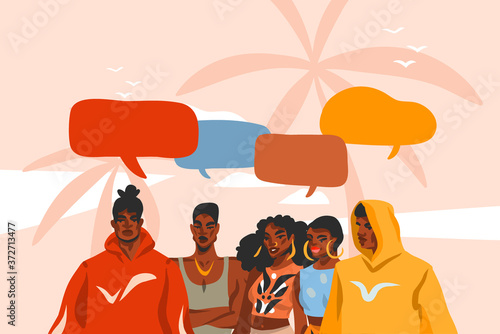 Hand drawn vector abstract stock flat graphic illustration with young black afro american beauty people group in fashion outfit on sundown view scene on the beach isolated on pink pastel background