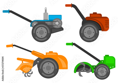 Hand walk-behind tractor flat web icon set. Harvesting machines. Two-wheeled tractor vector signs isolated on white background.