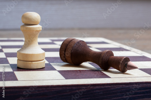 Принти на полотні The end of the chess game, the white pawn defeated the dark king