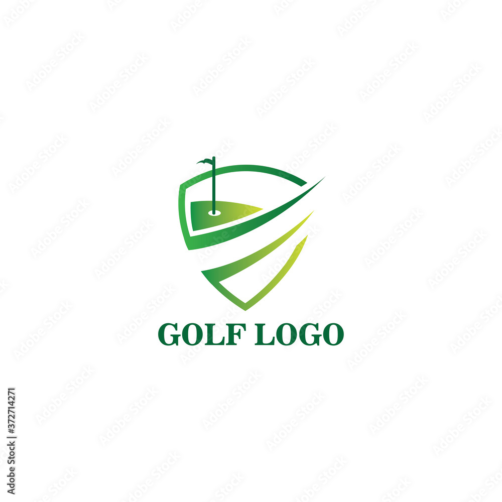 Obraz premium Golf logo emblem shield, hitting club, vector design, illustration