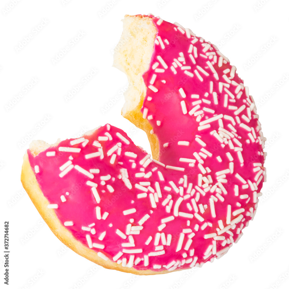 Pink donut with colorful sprinkles isolated on white background Pink donut with colorful sprinkles isolated on white background