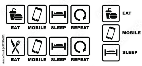 Quote Eat play sleep repeat sign or mobile phone icons. Funny vector party games slogans symbol icon. Set playing repeats signs. Gamer player video game and gamepad controller joystick.