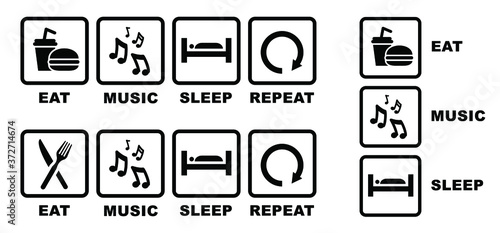 Quote Eat play sleep repeat sign or music icons. Funny vector party games slogans symbol icon. Set playing repeats signs. Gamer player video game and gamepad controller joystick.