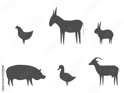 Farm animals black outline set vector illustration. Pig  duck  goat  chicken  rabbit and donkey isolated on white. Domestic animals collection. Animal silhouettes group.