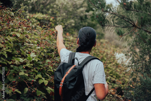 A young tanned man in a light grey T-Shirt, with long black hair and a backpack picking berries a blackberry bramble bushes with his back to the camera