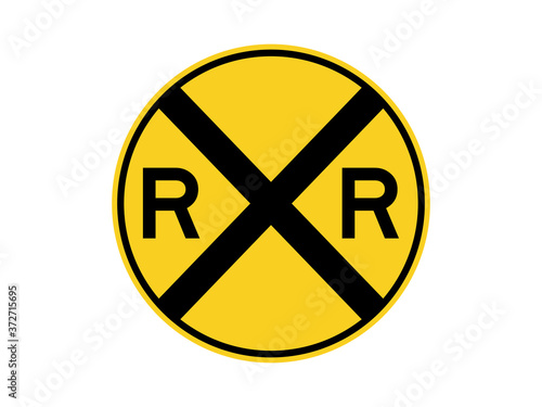 isolated railroad crossing sign on yellow circle board symbol for information, notification, road or street board,  icon. flat vector design.