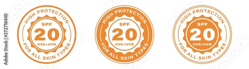 Sun protection SPF 20. UVA and UVB mark. Intensity of UV protection. Information label for packaging lotion, cream or spray. Vector illustration.