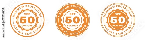 Sun protection SPF 50. UVA and UVB mark. Intensity of UV protection. Information label for packaging lotion, cream or spray. Vector illustration.