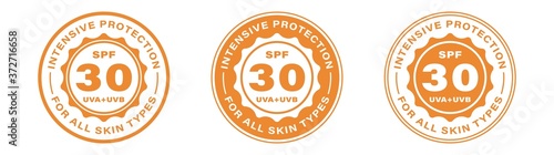 Sun protection SPF 30. UVA and UVB mark. Intensity of UV protection. Information label for packaging lotion, cream or spray. Vector illustration.