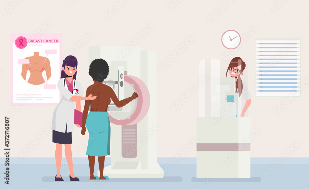 Female Patient Undergoing Mammogram Screening Procedure. Woman Cancer Preventive Mammography Scan with doctor. Breast cancer awareness month.