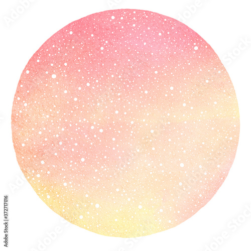 New Year  Winter watercolor round background with falling snow texture. Circle shape  text  lettering frame. Hand drawn template with tiny dots  blobs  snowflakes. Soft pink  yellow light colors.