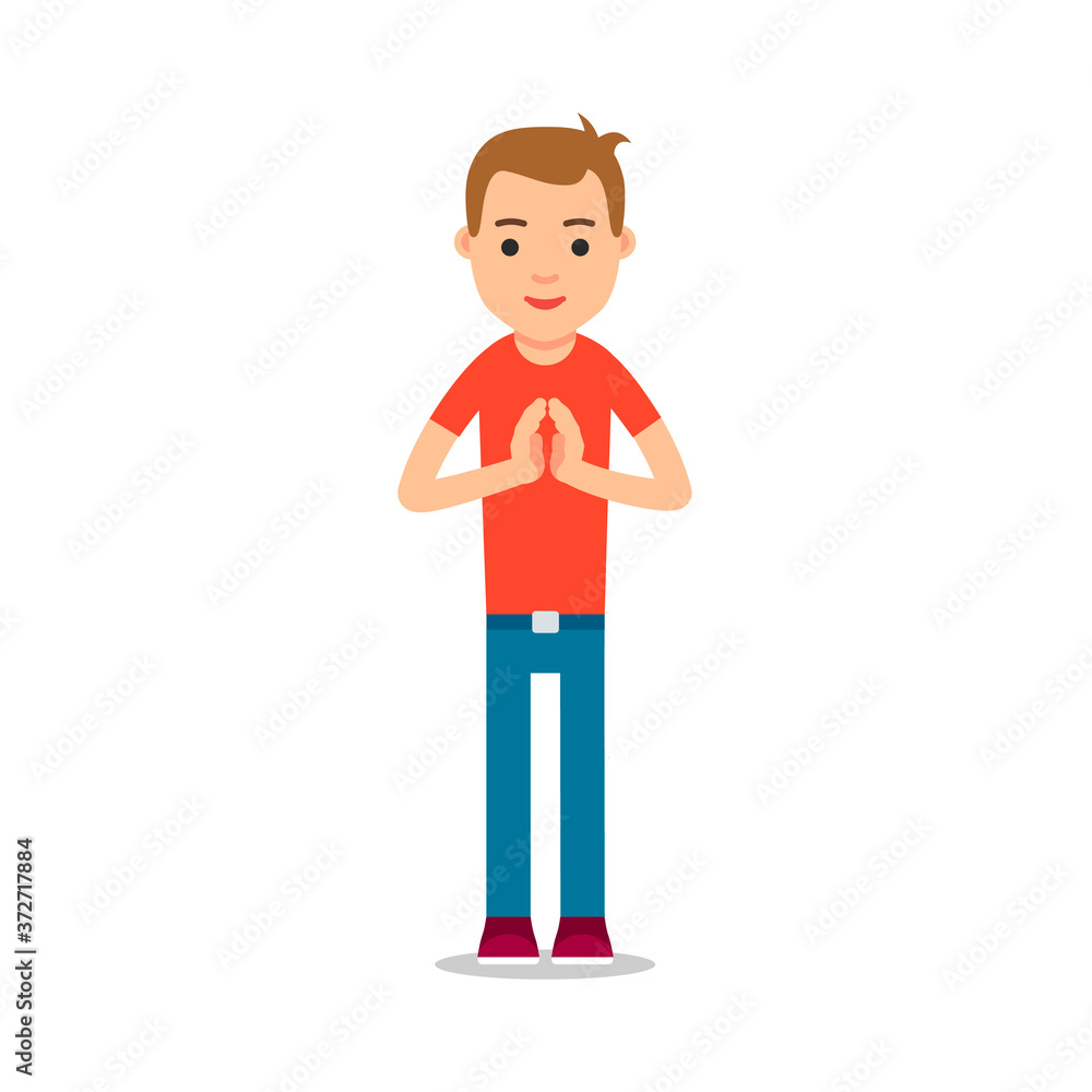 Young man standing and makes greeting with his hands together to prevent transmission of viruses. Isolated vector illustration in flat style on white background. Namaste of european man Young man standing and makes greeting with his hands together to prevent transmission of viruses. Isolated vector illustration in flat style on white background. Namaste of european man