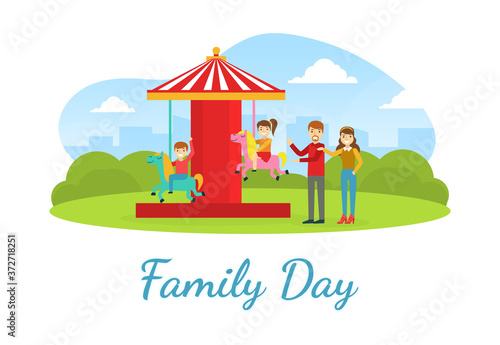 Fototapeta Naklejka Na Ścianę i Meble -  Family Day Landing Banner Template, Happy Parents and Kids Having Fun in Amusement Park Cartoon Vector Illustration