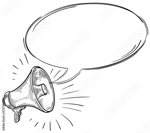 Monochrome drawn megaphone with speech bubble