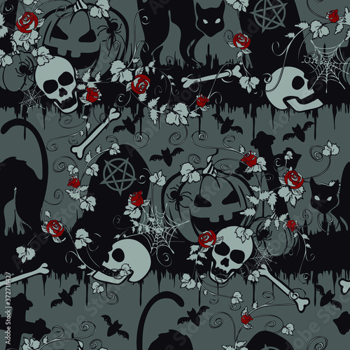 Seamless vector pattern with red roses in graveyard on grey background. Gothic Halloween wallpaper design with pumpkin and black cat. Holiday symbol fashion textile.