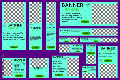 Set of web banners vector, blue, with a rectangular cutout for photos
