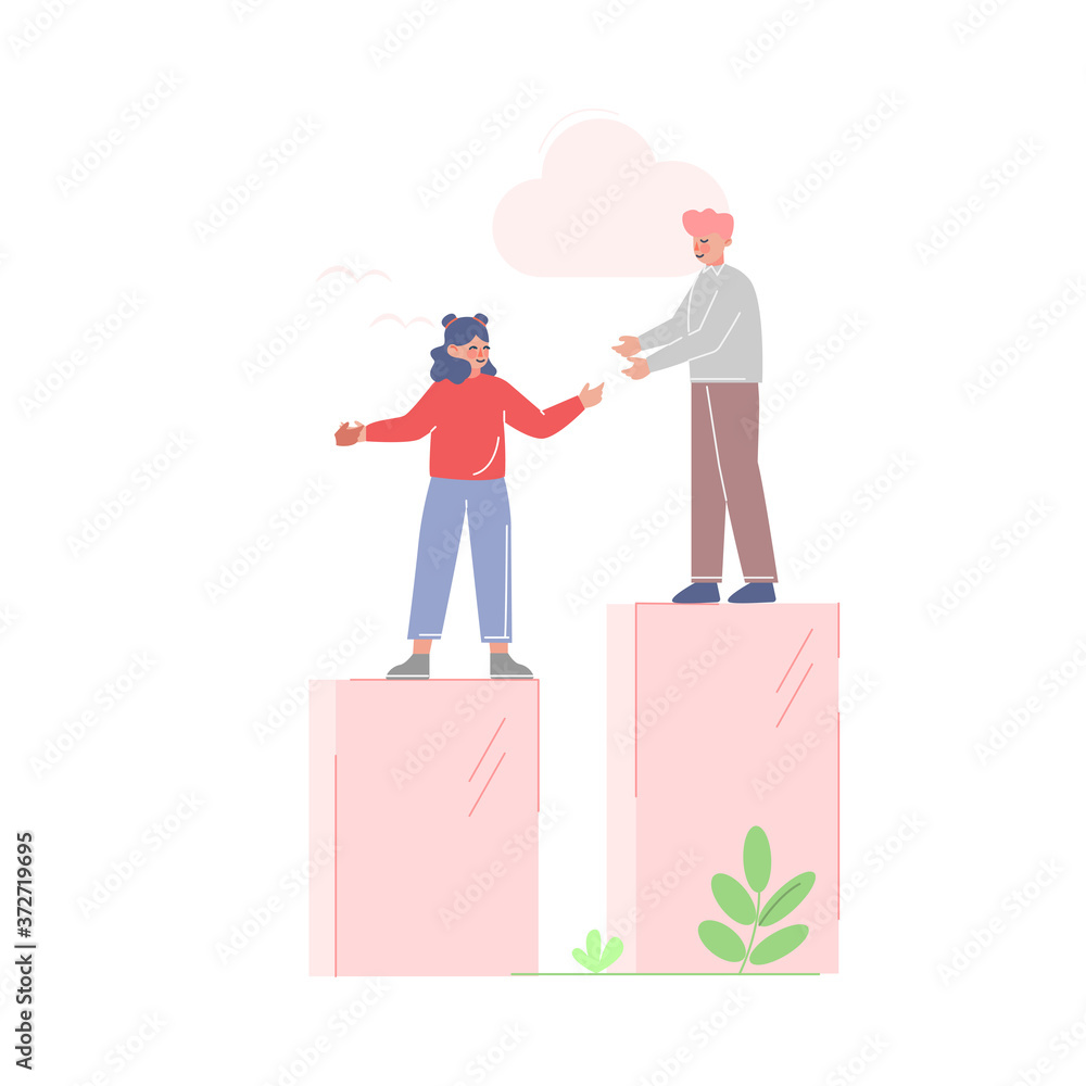 Businessman Helping his Female Collegue to Climb up on Column of Columns, Moving up Motivation Business Concept Cartoon Vector Illustration