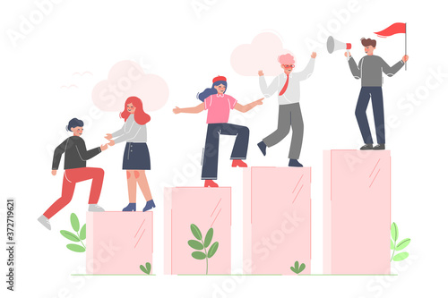 People Climbing up to the Goal Helping Each Other, Business Leadership, Moving up Motivation Concept Cartoon Vector Illustration