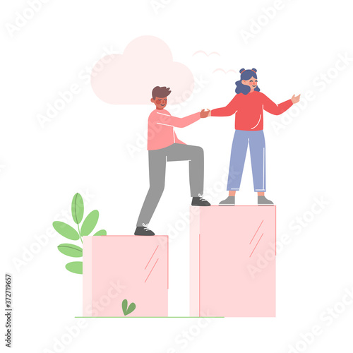 Businesswoman Helping her Male Collegue to Climb up on Column of Columns, Moving up Motivation Business Concept Cartoon Vector Illustration