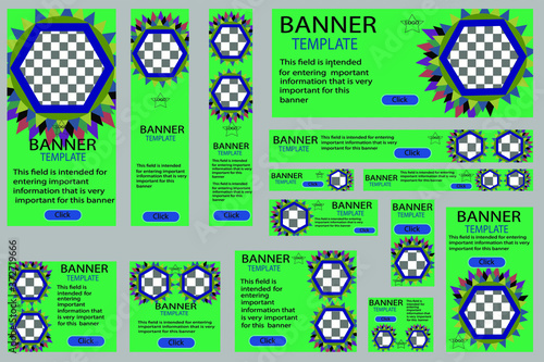 Set of web banners vector, green, round neck for photos with feathers of different colors