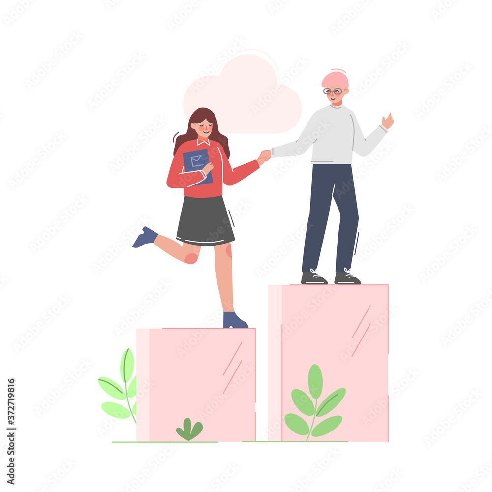 Man Helping Woman to Climb up on Column of Columns, Moving up Motivation, Teamleader Business Concept Cartoon Vector Illustration Man Helping Woman to Climb up on Column of Columns, Moving up Motivation, Teamleader Business Concept Cartoon Vector Illustration