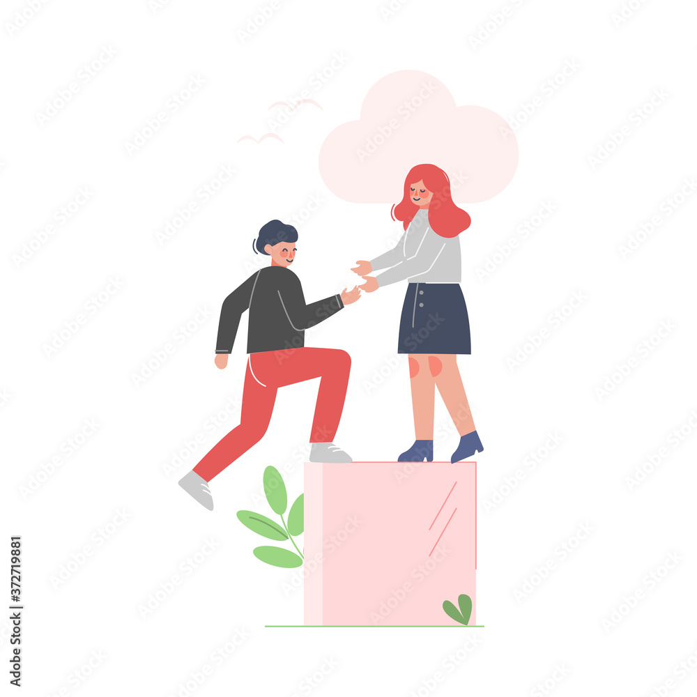 Woman Helping Man to Climb up on Top of Rising Diagram Column, Moving up Motivation Business Concept Cartoon Vector Illustration
