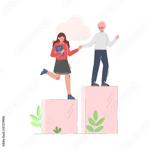 Man Helping Woman to Climb up on Column of Columns, Moving up Motivation, Teamleader Business Concept Cartoon Vector Illustration