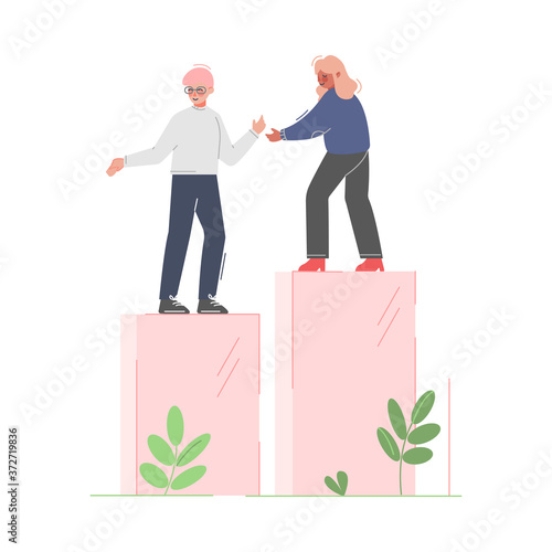 Woman Helping Male Collegue to Climb up on Column of Columns, Moving up Motivation Business Concept Cartoon Vector Illustration