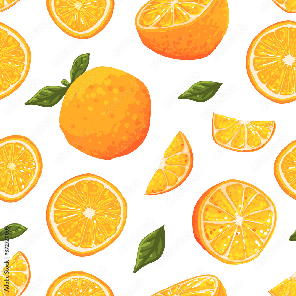 Juicy Ripe Oranges Seamless Pattern, Freshly Harvested Whole and Half Fruits Endless Repeating Print for Fabric, Wrapping Paper Design Vector Illustration