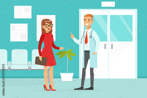 Female Doctor Consulting Female Patient in Medical Clinic Hallway, Medicine, Healthcare Concept, Hospital Room Interior Cartoon Vector Illustration
