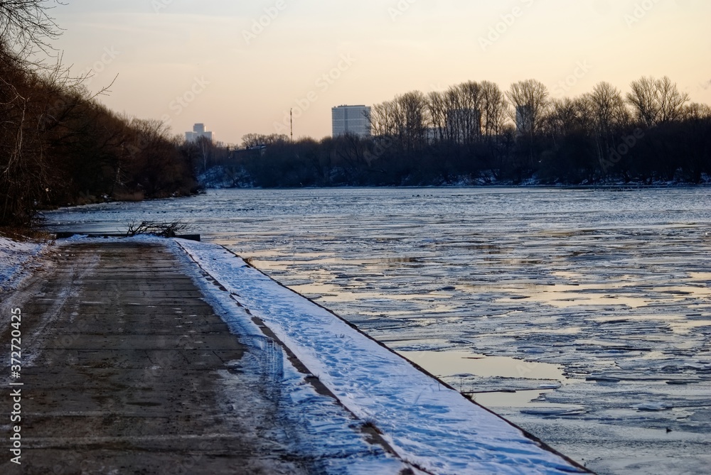 ice melts on the river at dawn, Moscow