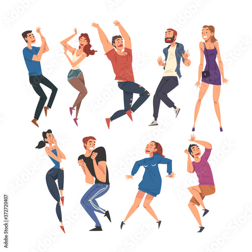 Scared People Set, Men and Women Afraid of Something, Terrified, Shocked Persons with Fear Expression on their Faces Cartoon Style Vector Illustration
