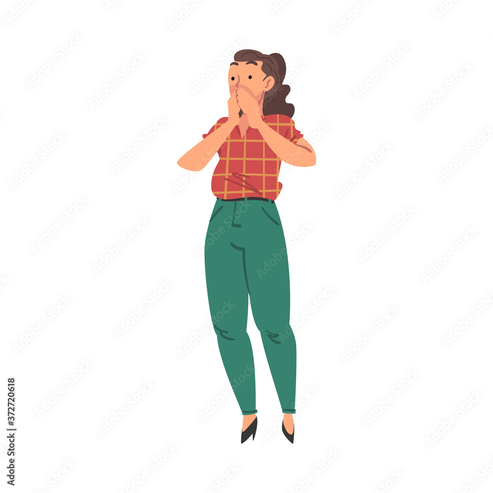 Terrified, Scared, Shocked Girl Covering her Face with Hands, Young Woman Afraid of Something Cartoon Style Vector Illustration Terrified, Scared, Shocked Girl Covering her Face with Hands, Young Woman Afraid of Something Cartoon Style Vector Illustration