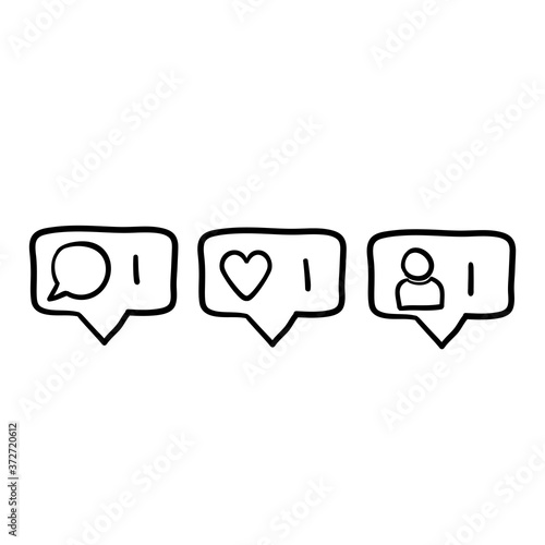 hand drawn doodle follower notification icon.Social network signs. Social media comment, like, follower illustration.doodle