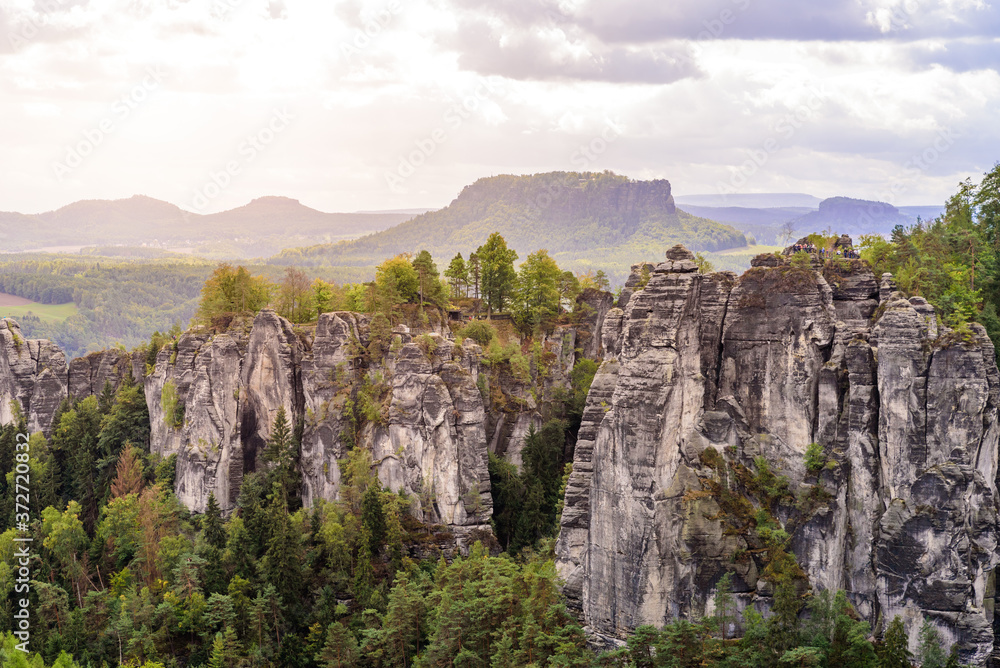 View of Bastei National Park Saxon Switzerland, above the Elbe River in the Elbe Sandstone Mountains, Germany.