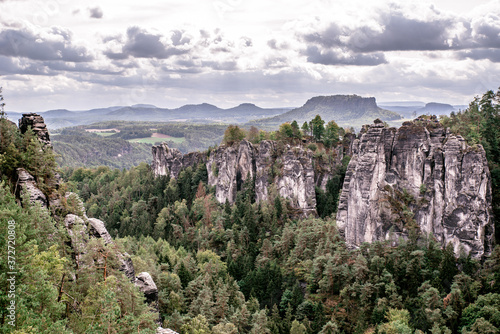 View of Bastei National Park Saxon Switzerland, above the Elbe River in the Elbe Sandstone Mountains, Germany. © Simon Dannhauer