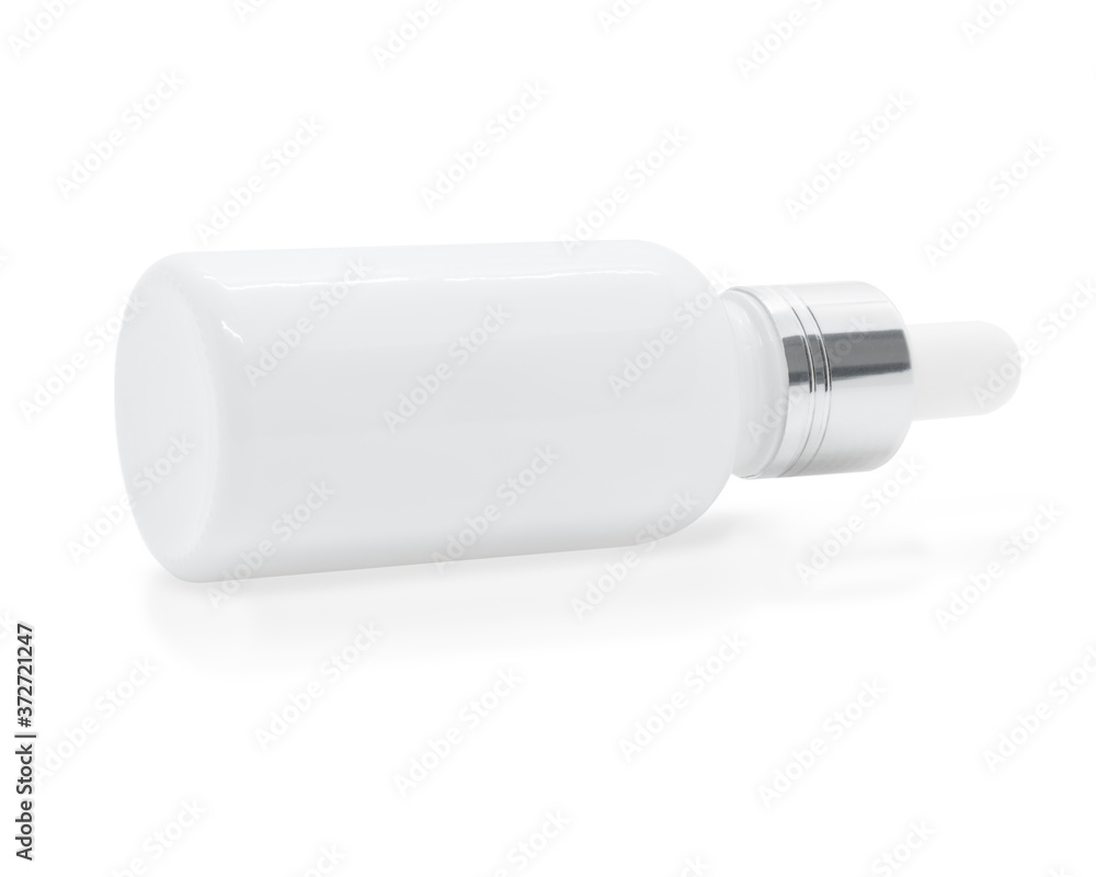 White glass dropper serum bottle on white background White glass dropper serum bottle on white background