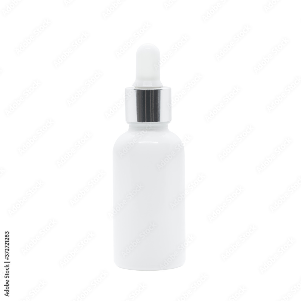 White glass dropper serum bottle on white background White glass dropper serum bottle on white background